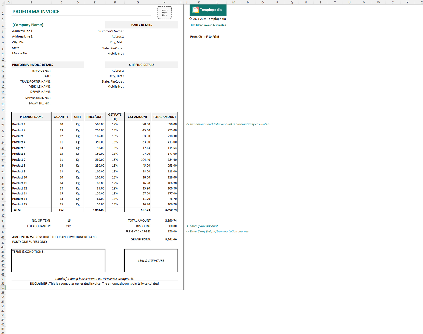 Free Proforma Invoice in Excel